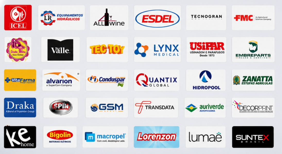 Logotipos de clientes atendidos pela Lumiar: ICEL, LR Equipamentos Hidráulicos, All Wine, Esdel, Tecnogran, FMC, Doce Vida, Välle, Tec Toy, Lynx Medical, Usipar, Embreparts, VitaFarma, Alvarion, Conduspar, Quantix Global, Hidropool, Zanatta, Draka, Spin, GSM, Transdata, Auriverde, Decorprint, Ke Home, Bigolin, Macropel, Lorenzon, Lumaê e Suntex