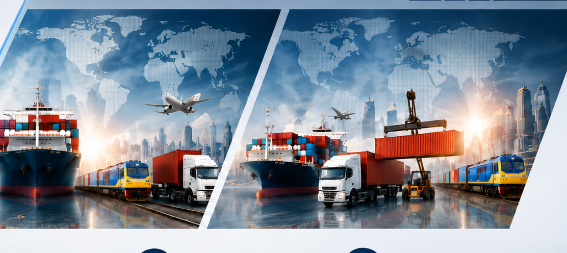 Operações de importação e exportação: navios, trens e caminhões transportando containers