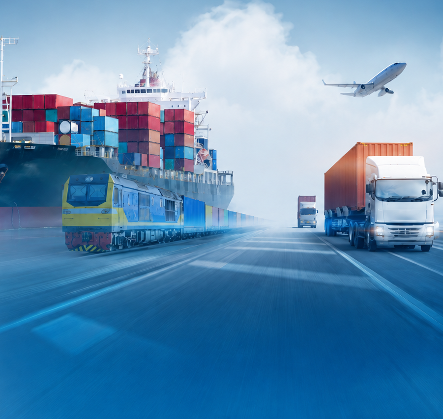 Frota de transporte internacional: navio, trem e caminhões
